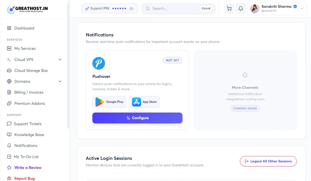 Integrating Pushover Notifications from Your GreatHost Client Area Security Settings