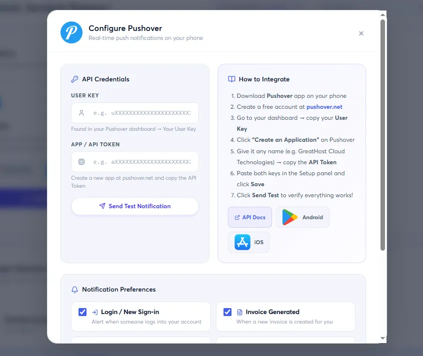 Integrating Pushover Notifications from Your GreatHost Client Area Security Settings